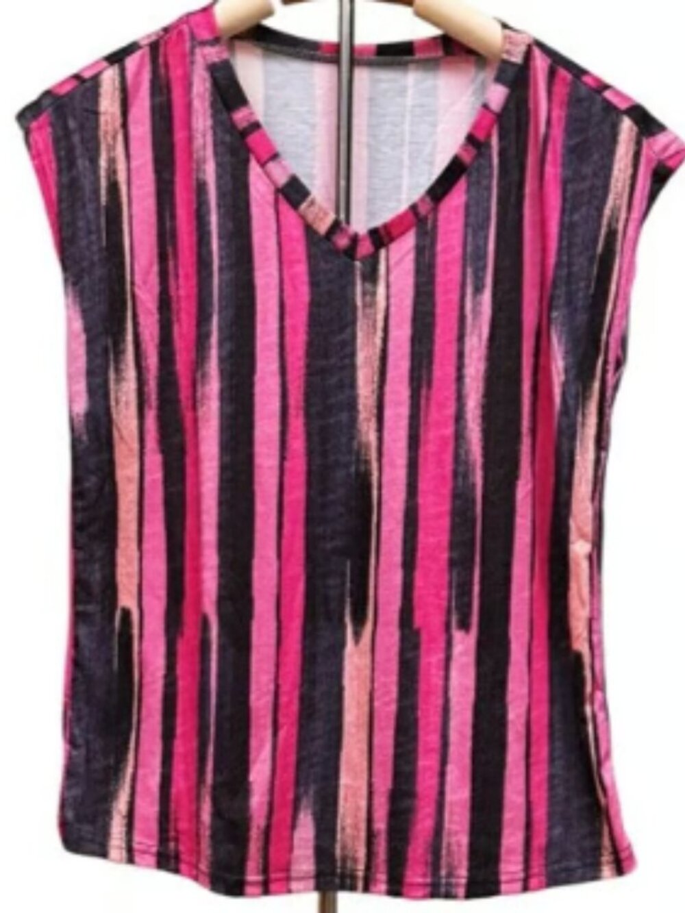 Pink Purple Sleeveless Striped Top Summer Blouse V-neck Lightweight Stretchy